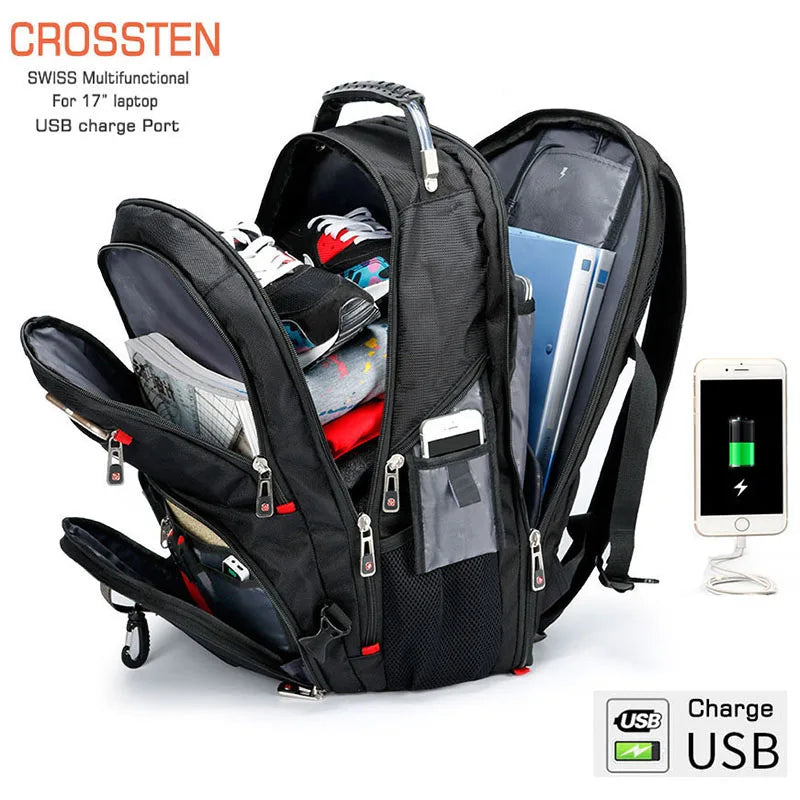 Swiss Multifunctional 17 Inch Laptop Backpack – Durable Travel Bag with USB Charging Port, Water-Resistant College Bookbag