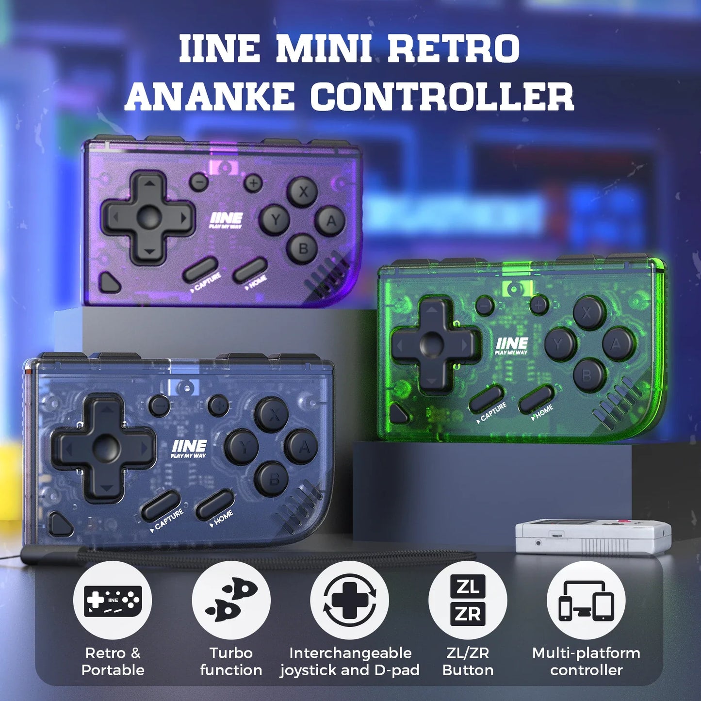 IINE Mini Retro Ananke Controller – Turbo Function, Interchangeable Joystick & D-Pad, Multi-Platform Support, ZL & ZR Buttons