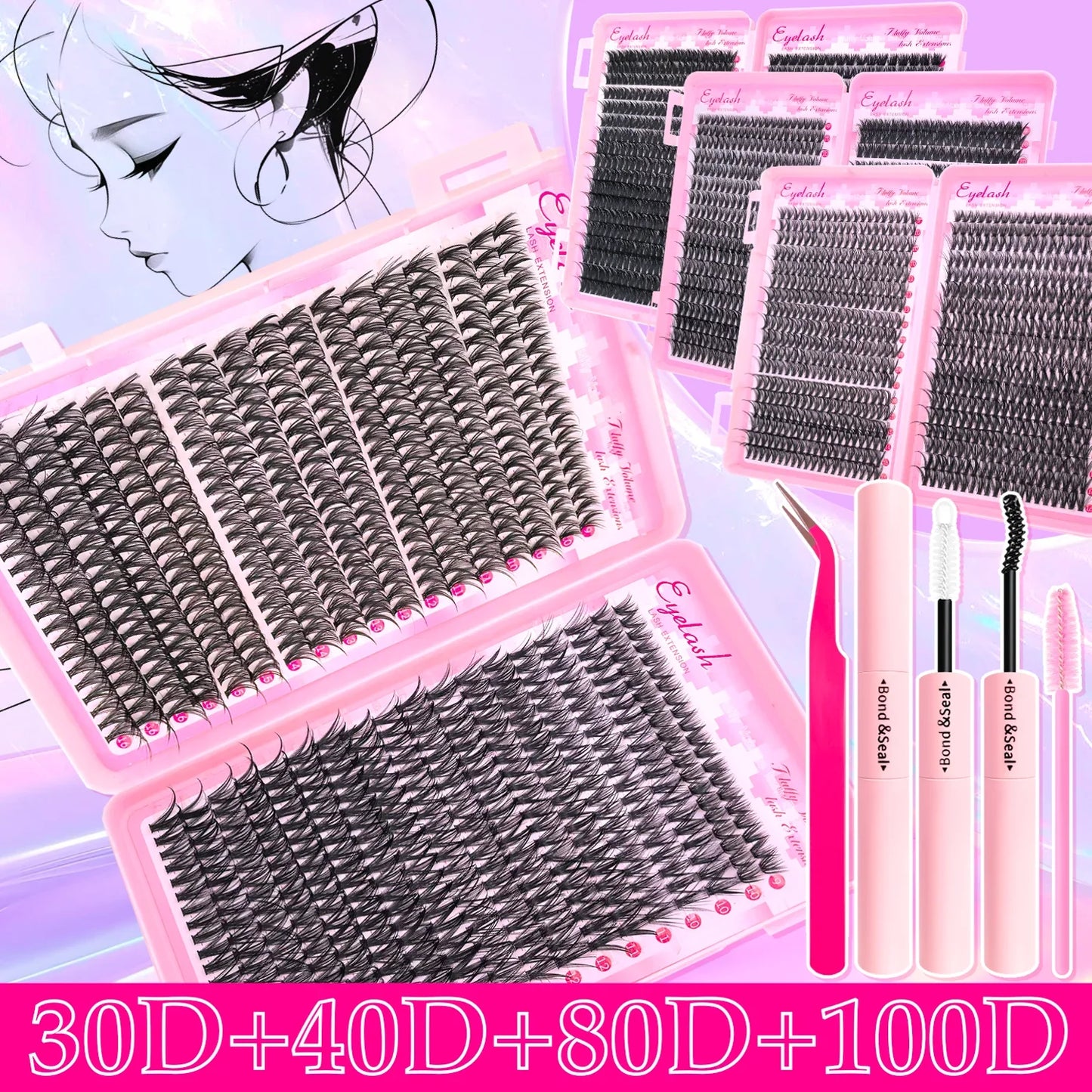 720/200pcs Eyelash Extension Kit – Fluffy Wispy Lash Clusters with Bond & Seal, Tweezers & Tools for Thick Volume DIY Lash Extensions