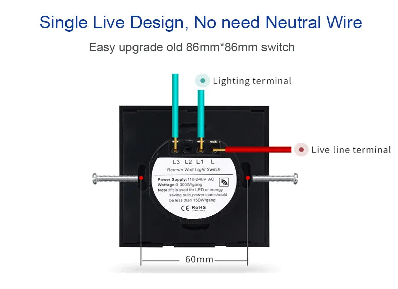 AXUS EU Touch Switch | AC100-240V LED Backlight Panel, Tempered Glass Wall Light Sensor Switch, 1/2/3 Gang