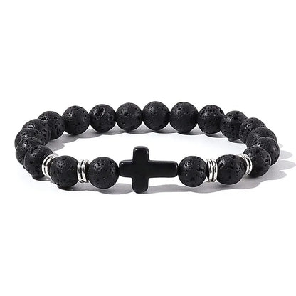 Natural Stone & Wood Bead Rosary Bracelet - Hematite Cross Meditation & Yoga Jewelry for Men & Women