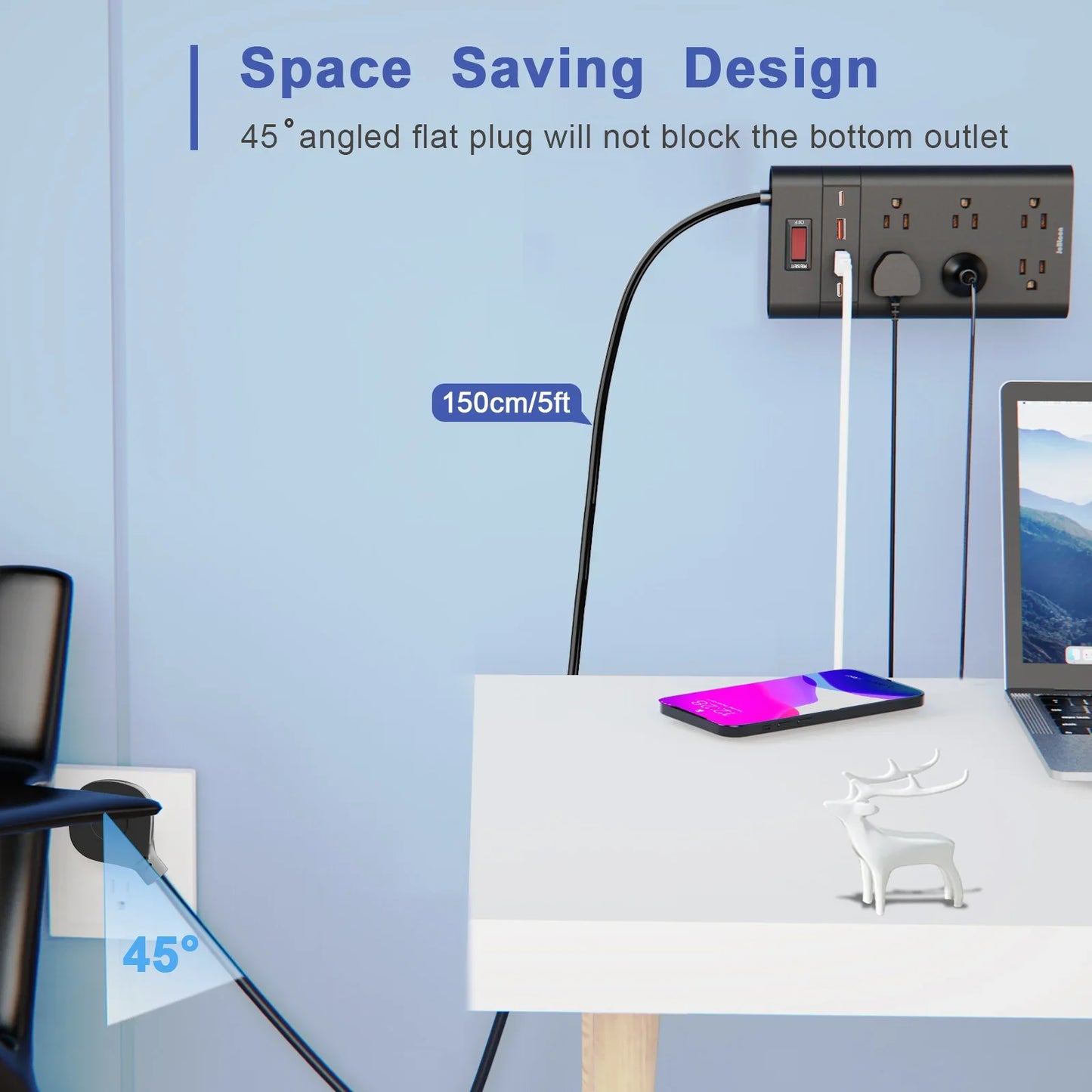 Wall-Mounted Surge Protector Power Strip: 4 USB Ports (2 USB C, 2 USB A) with Flat Plug Extension Cord