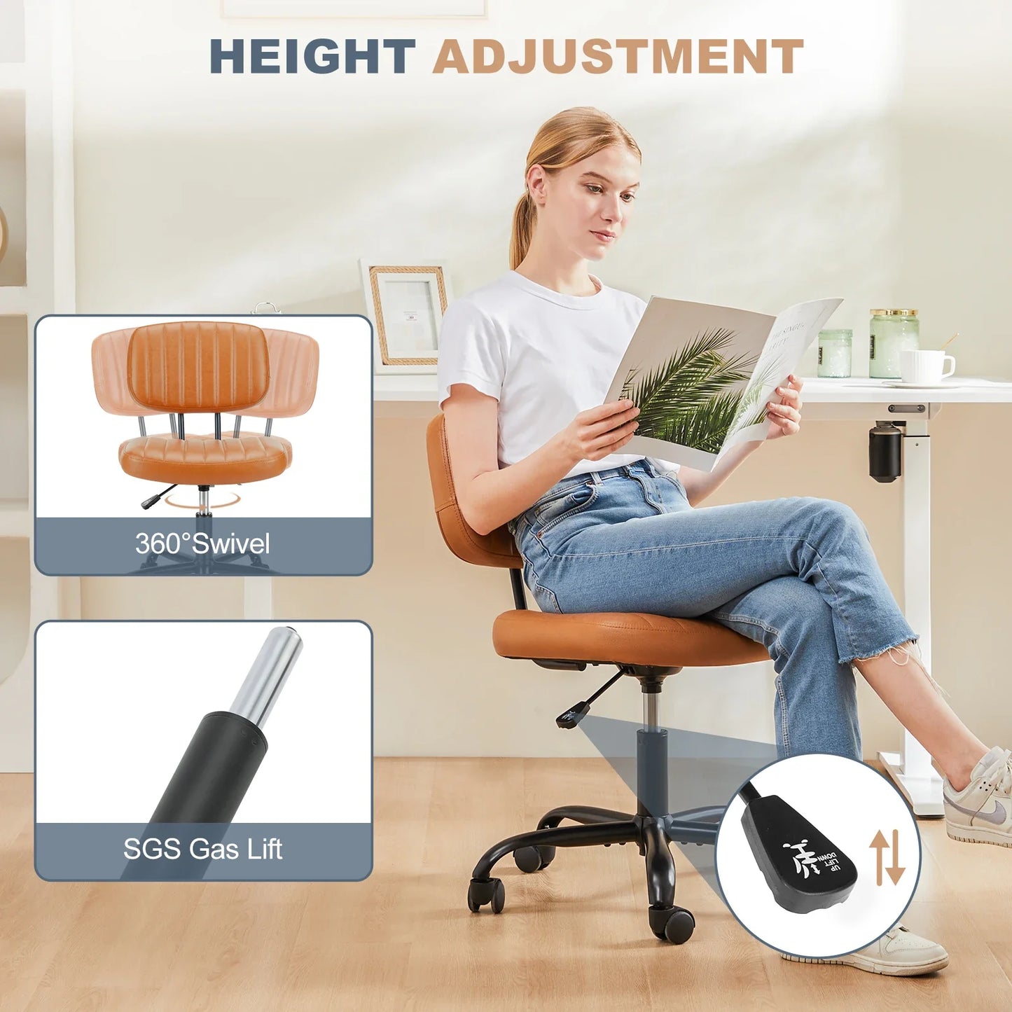Armless Office Desk Chair – Height Adjustable PU Leather with Lumbar Support & 360° Swivel Wheels