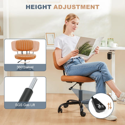 Armless Office Desk Chair – Height Adjustable PU Leather with Lumbar Support & 360° Swivel Wheels