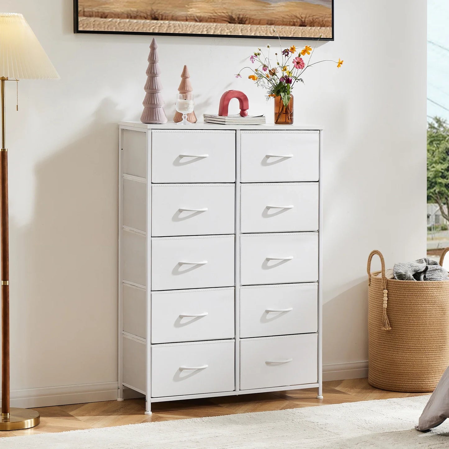 Bedside Table with 10 Fabric Drawers – Steel Frame Nightstand Storage Cabinet for Bedroom Clothes Organizer