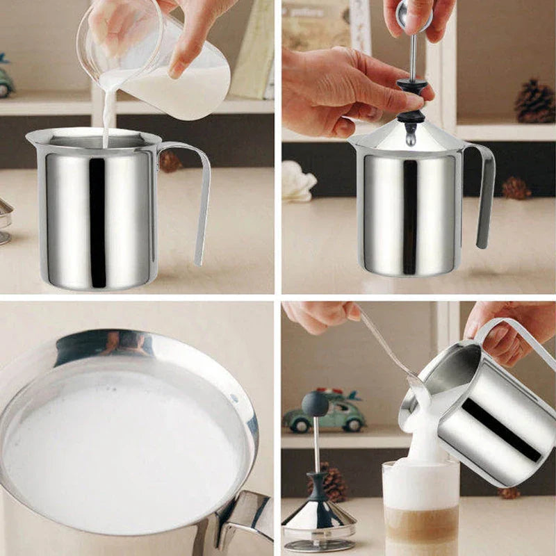 Double Mesh Stainless Steel Milk Frother & Creamer – 400ML Coffee Foam Maker, Egg Beater & Kitchen Mixing Tool for Latte Art