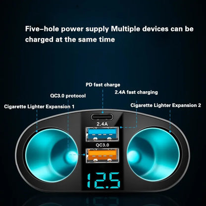 Dual-Port Car Charger Adapter – Digital Display, Simultaneous Charging for Multiple Devices