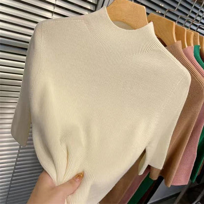 Women's Solid Color Knit Sweater – Stand Collar, Half Sleeve, Slim Fit, Soft High-Elastic Top for Autumn & Spring