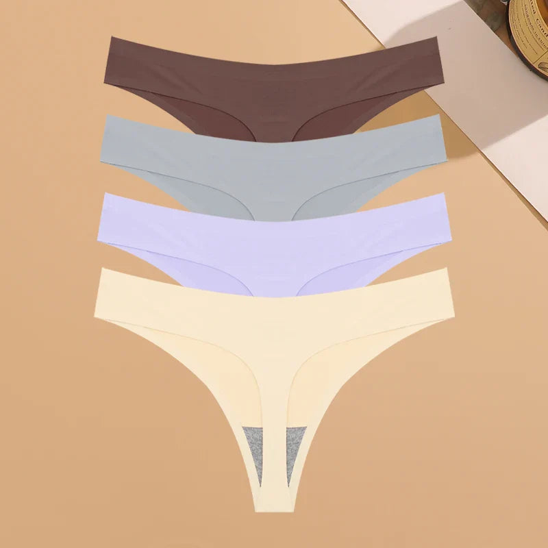 4PCS Women’s Ultra-Thin Seamless Underwear — Invisible Ice Silk Thongs, Low Waist Breathable Bikini Lingerie