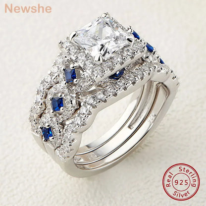 Newshe 3-Piece Women’s Wedding Ring Set – 925 Silver 2.6Ct Princess Cut White & Blue CZ Bridal Jewelry
