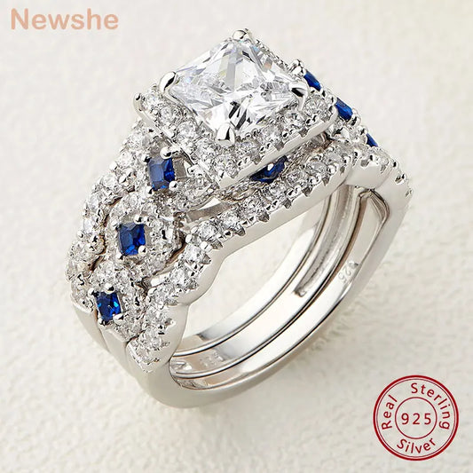 Newshe 3-Piece Women’s Wedding Ring Set – 925 Silver 2.6Ct Princess Cut White & Blue CZ Bridal Jewelry