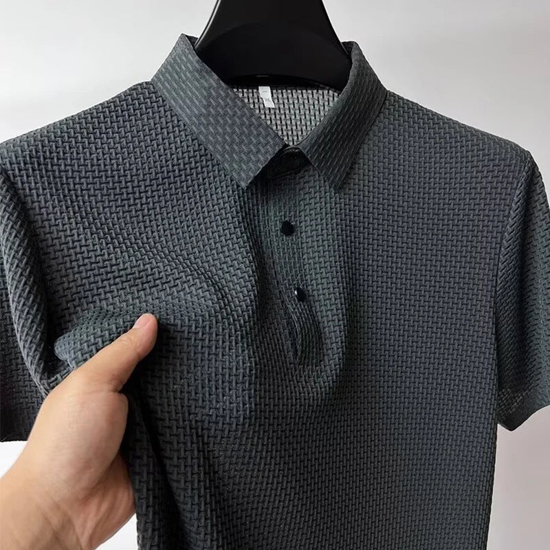Men’s Business Casual Short Sleeve Polo — Solid Color Floral Summer Shirt, Breathable & Comfortable