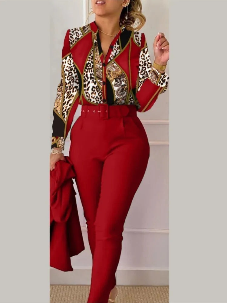 Women’s Autumn Winter Two-Piece Set – Stand Neck Floral Shirt & Pants with Belt, Elegant Casual Outfit