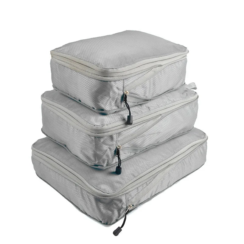 3-Piece Compressible Waterproof Nylon Packing Cubes Set – Portable Travel Storage Bags with Handbag Luggage Organizer