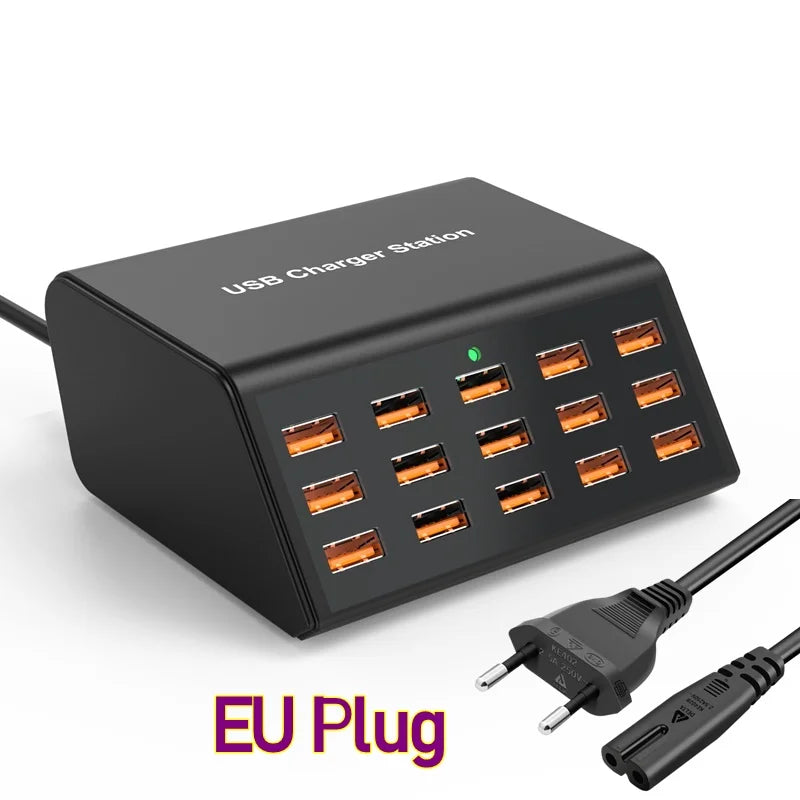 100W Desktop USB Charger — 15-Port Fast Charging Station for iPhone, iPad & Samsung Tablets