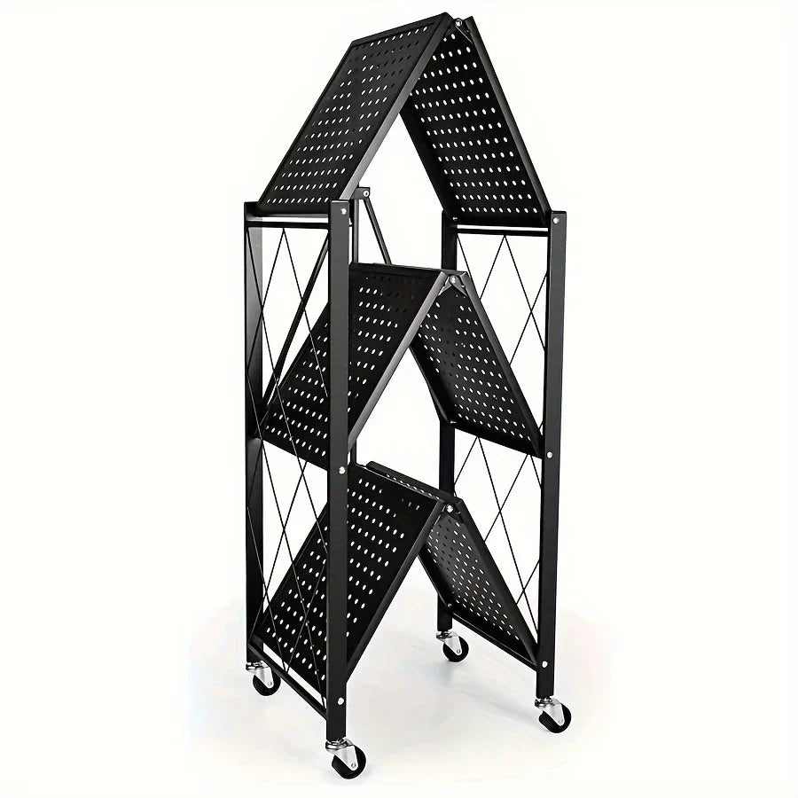 3/4/5-Tier Heavy-Duty Rolling Storage Shelf – Foldable Portable Iron Shelving Unit with Wheels for Home & Garage Organization
