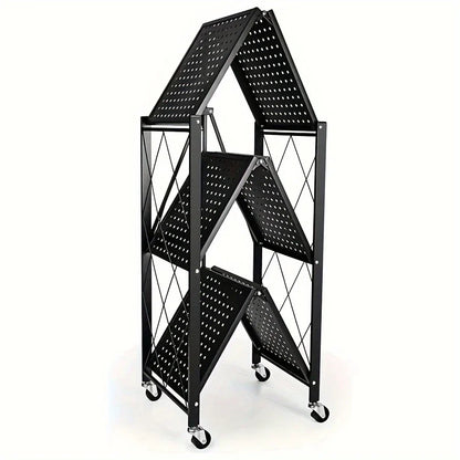 3/4/5-Tier Heavy-Duty Rolling Storage Shelf – Foldable Portable Iron Shelving Unit with Wheels for Home & Garage Organization