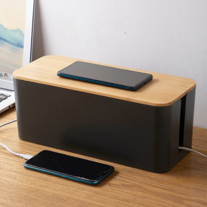 Creative Bamboo Wire Management Box — Cable, Plug, and Power Cord Organizer with Wooden Cover