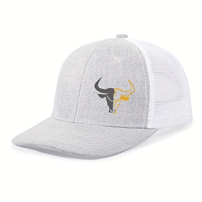 Bull Head Print Mesh Trucker Cap - Breathable Outdoor Baseball Hat for Men & Women Fishing Sports Style