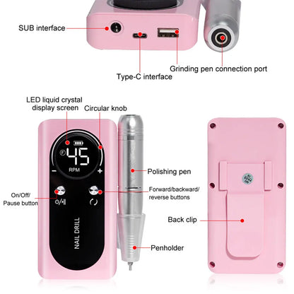 Effortless Precision: Original 45000RPM Rechargeable Nail Drill Machine with LCD - Low Noise Professional Nail Polish Sander, Complete Nails Accessories Set