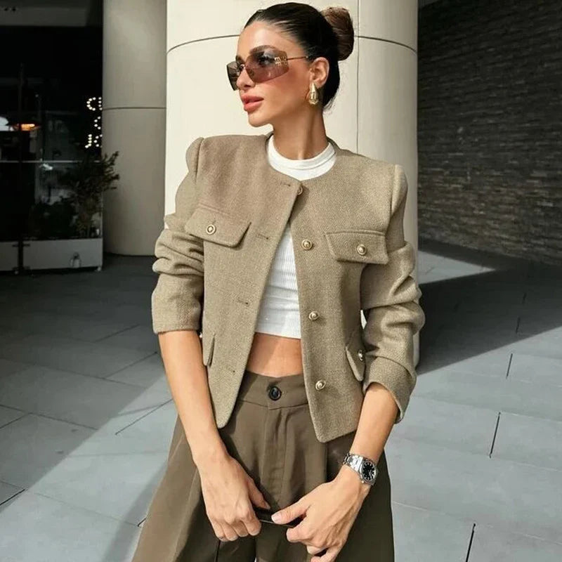 TRAF Women's Autumn Outerwear – Long Sleeve Cropped Jacket, Winter Button Demi-Season Short Coat, Elegant Women’s Coat