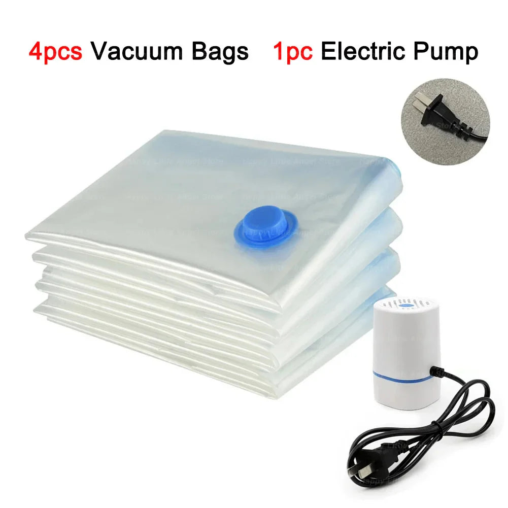 4pcs Reusable Transparent Vacuum Bags — Folding Compressed Space-Saving Storage for Clothes & Travel