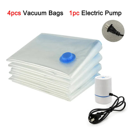 4pcs Reusable Transparent Vacuum Bags — Folding Compressed Space-Saving Storage for Clothes & Travel