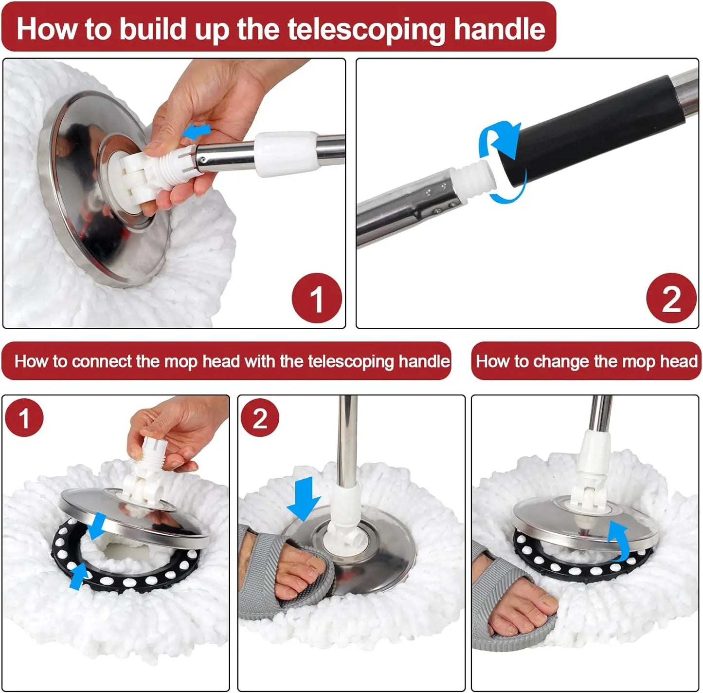 360° Spin Mop Bucket Set – Wring System with 3 Microfiber Heads, Stainless Steel Basket & 61" Extended Handle for Floor Cleaning