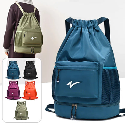 Drawstring Fitness Bag — Lightweight Multi-Pocket Gym Backpack with Separate Shoe Compartment, Foldable Outdoor Training Bag
