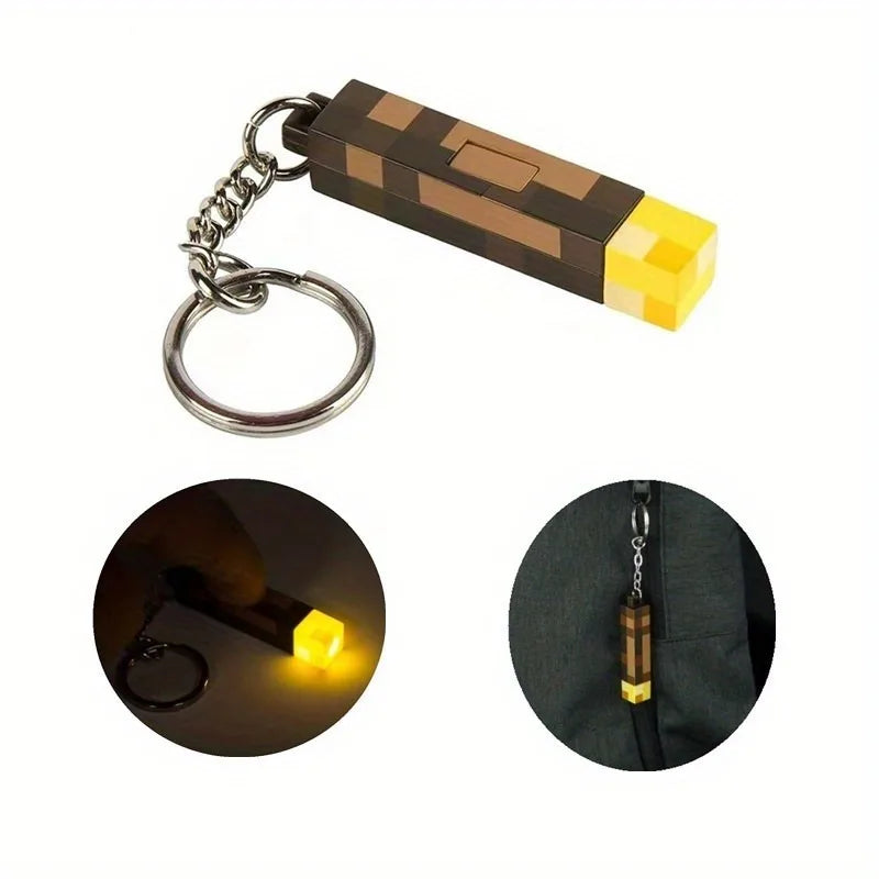 Glow-in-the-Dark Anime Gamer Keychain – Classic Torch Design with Pixelated Wooden Texture Plastic Pendant
