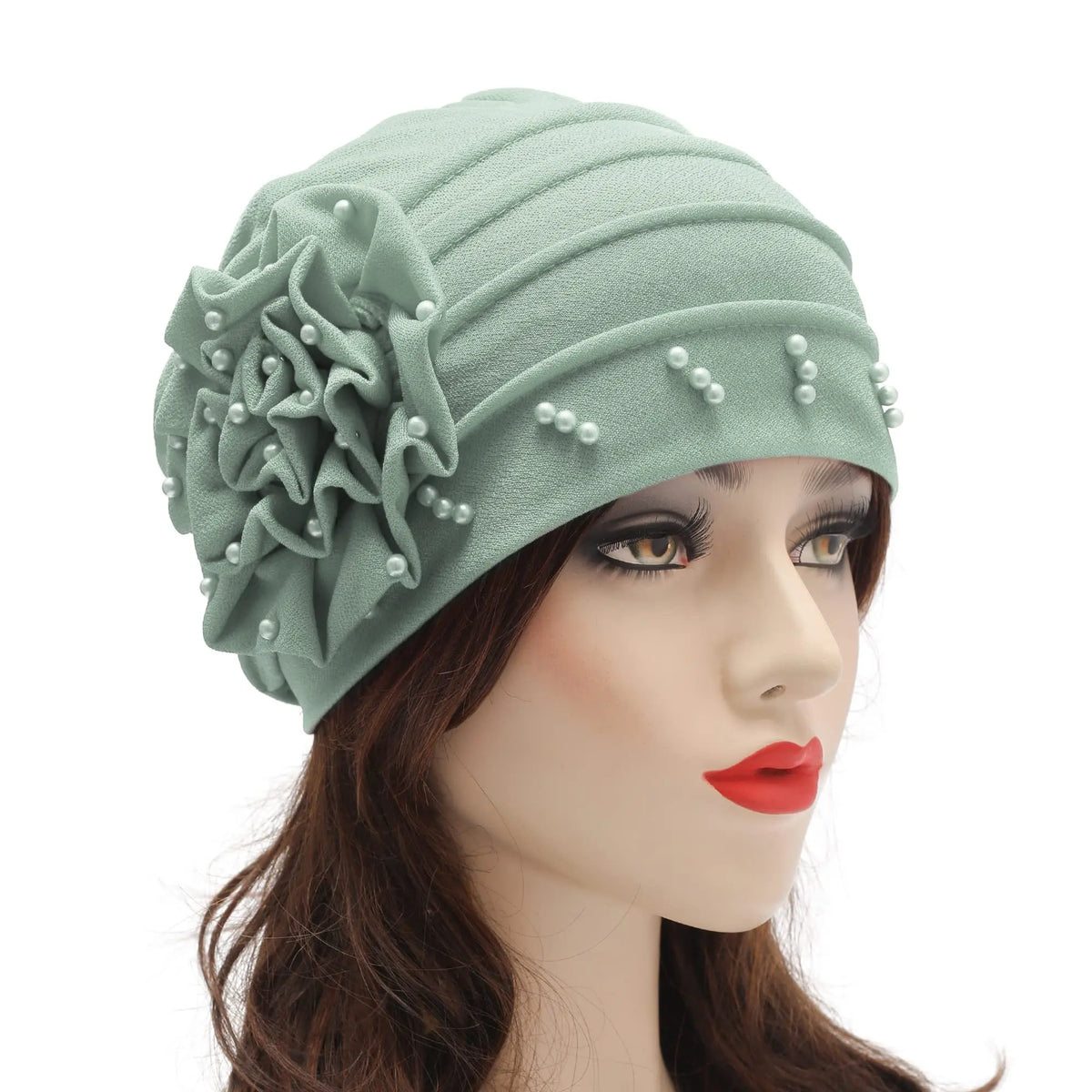 2024 Pearl Embellished Muslim Turban Beanie for Women – Elastic Hijab Headwrap with Flower Chemo Cap