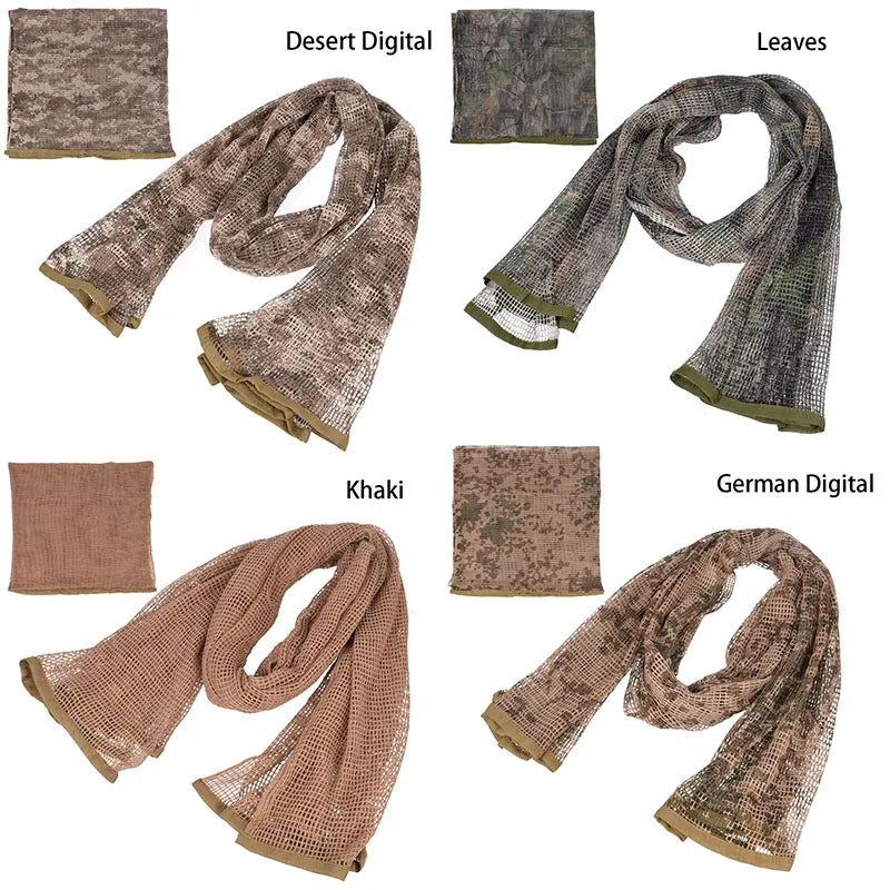 Outdoor Camouflage Netting Scarf — Camo Mesh Face Veil & Shemagh Head Wrap for Camping, Hiking, Shooting