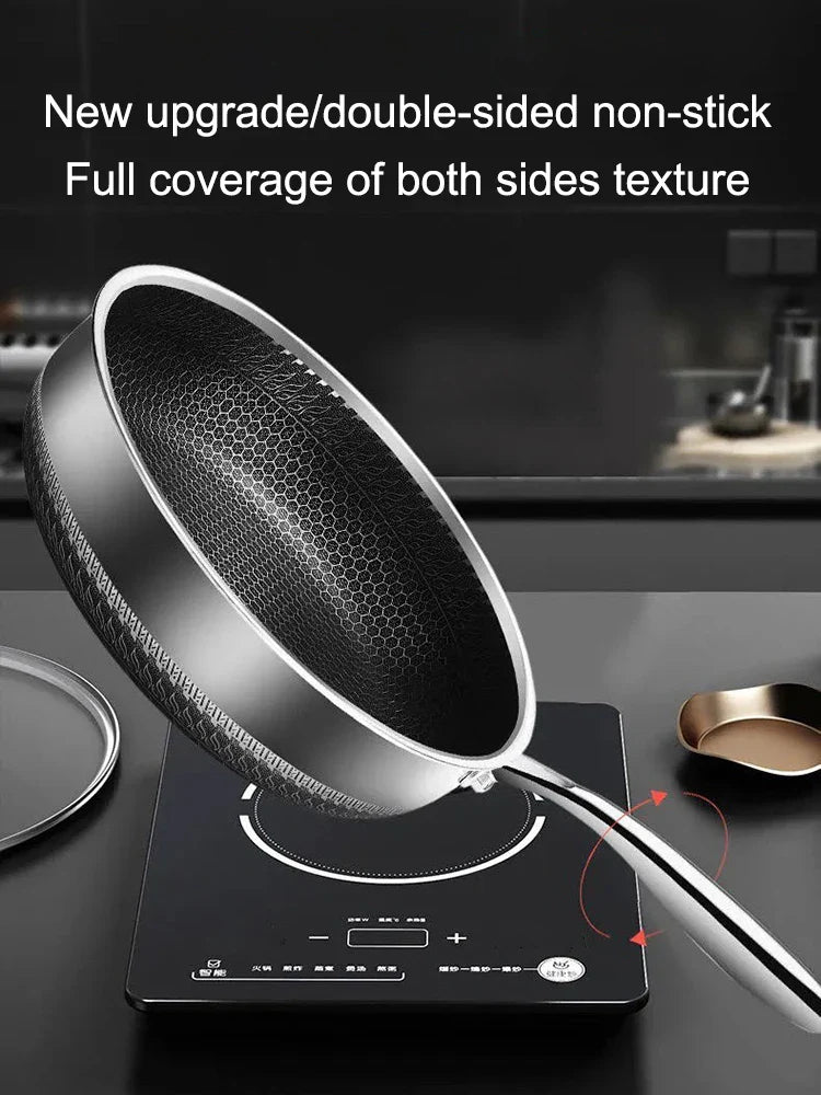 Tri-Ply 316 Stainless Steel Wok Pan with Double-Sided Honeycomb Skillet - Suitable for All Stoves