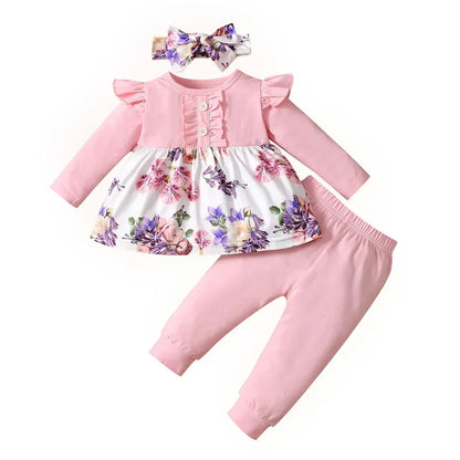Newborn Baby Girls Clothes Set – Pink Ruffle Top & Heart Print Bow Trousers, Princess Casual Outfit for Infants
