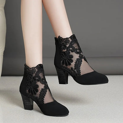 Women’s Spring Lace Boots – Fashion High Heels Ankle Shoes with Round Toe, Plus Size Available