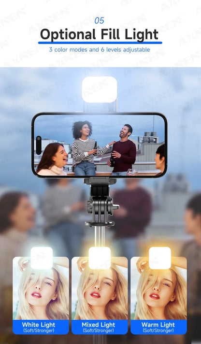 Bluetooth Selfie Stick Tripod with Wireless Remote and Phone Holder – Adjustable Desktop Stand for iPhone & Android, Optional Fill Light