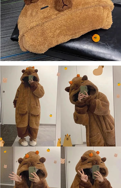 Winter Capybara Cosplay Costume - Adult Kigurumi Unicorn Onesie, Anime Nightgown, Halloween Cartoon Pajamas & Sleepwear