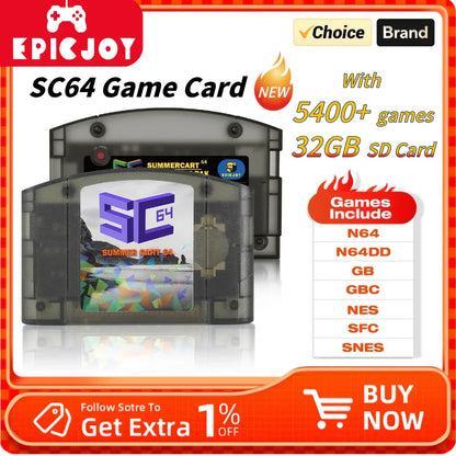 EPICJOY SummerCart 64 – 32GB Open Source N64 Game Card for Nintendo 64 Console, 5400+ Games & 64DD Support