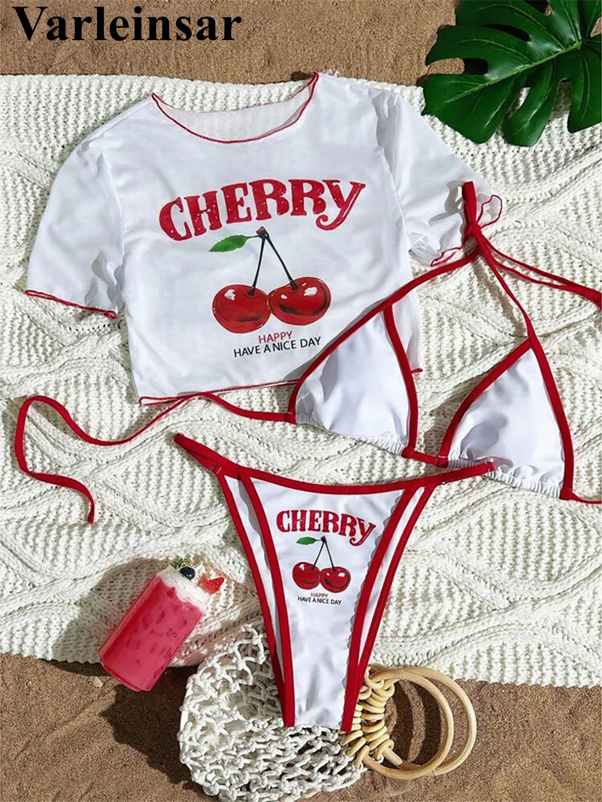 Women’s Cherry Print Three-Piece Bikini Set — Short Sleeve Swimsuit XS-L