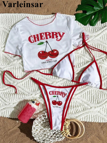 Women’s Cherry Print Three-Piece Bikini Set — Short Sleeve Swimsuit XS-L