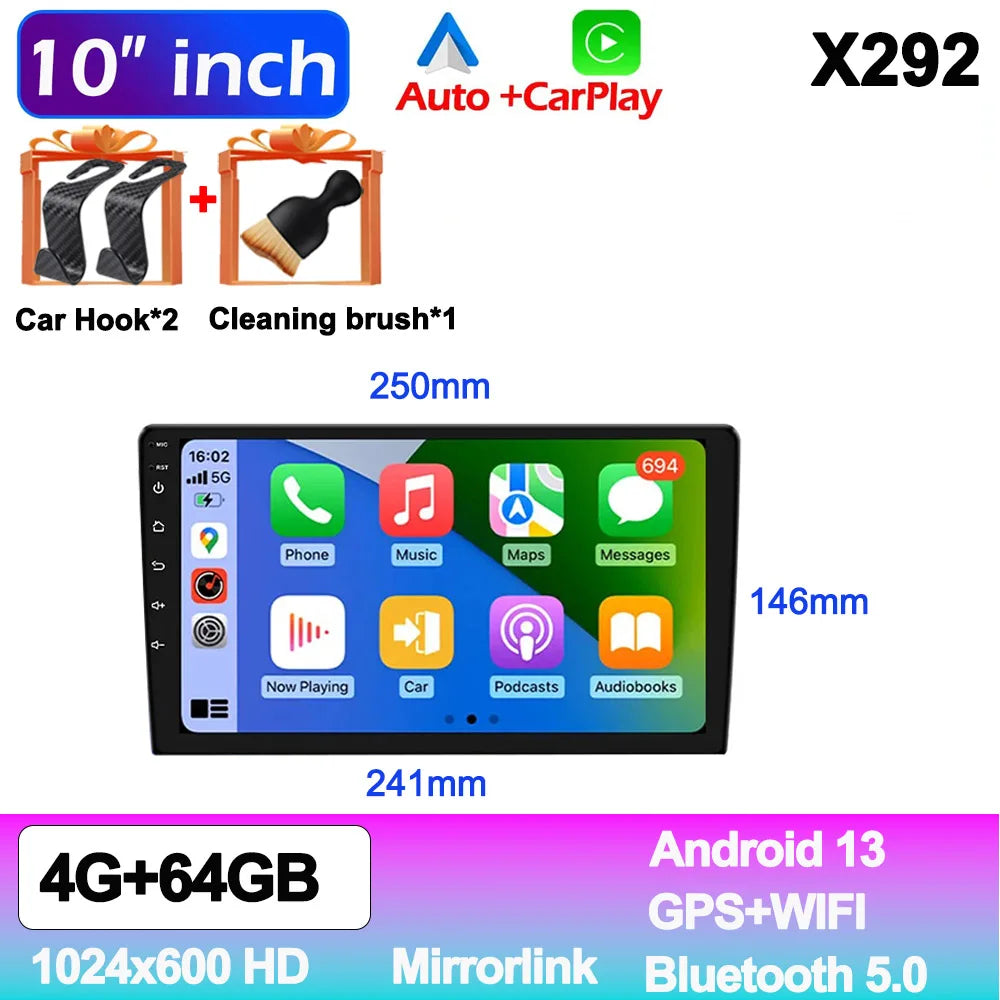Android 13 Car Radio — 7/9/10" 2-DIN GPS Multimedia Player with 64GB, Wireless CarPlay & Android Auto