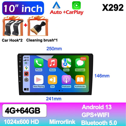 Android 13 Car Radio — 7/9/10" 2-DIN GPS Multimedia Player with 64GB, Wireless CarPlay & Android Auto