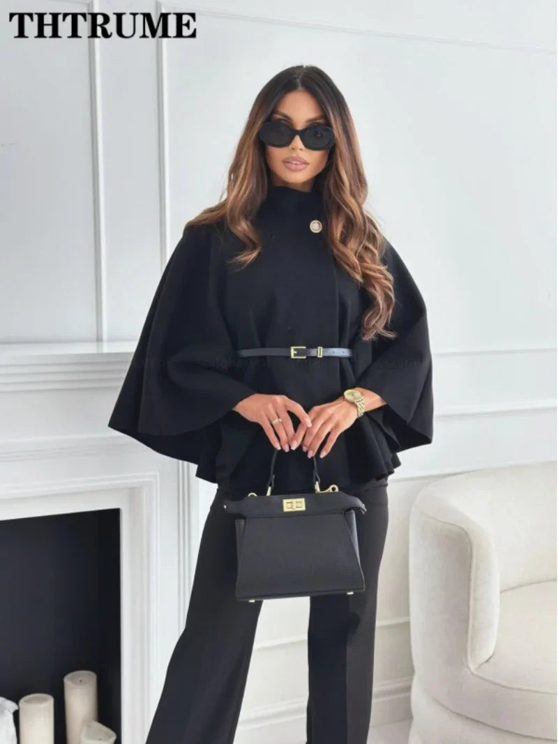 Elegant Autumn Solid Jacket for Women – Single-Breasted Batwing Sleeve, Loose Casual Coat for Office & Chic Look