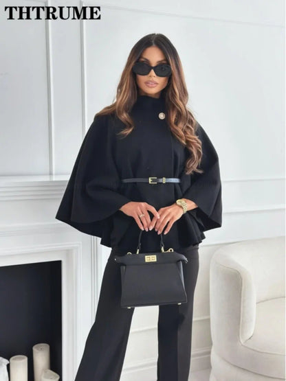 Elegant Autumn Solid Jacket for Women – Single-Breasted Batwing Sleeve, Loose Casual Coat for Office & Chic Look