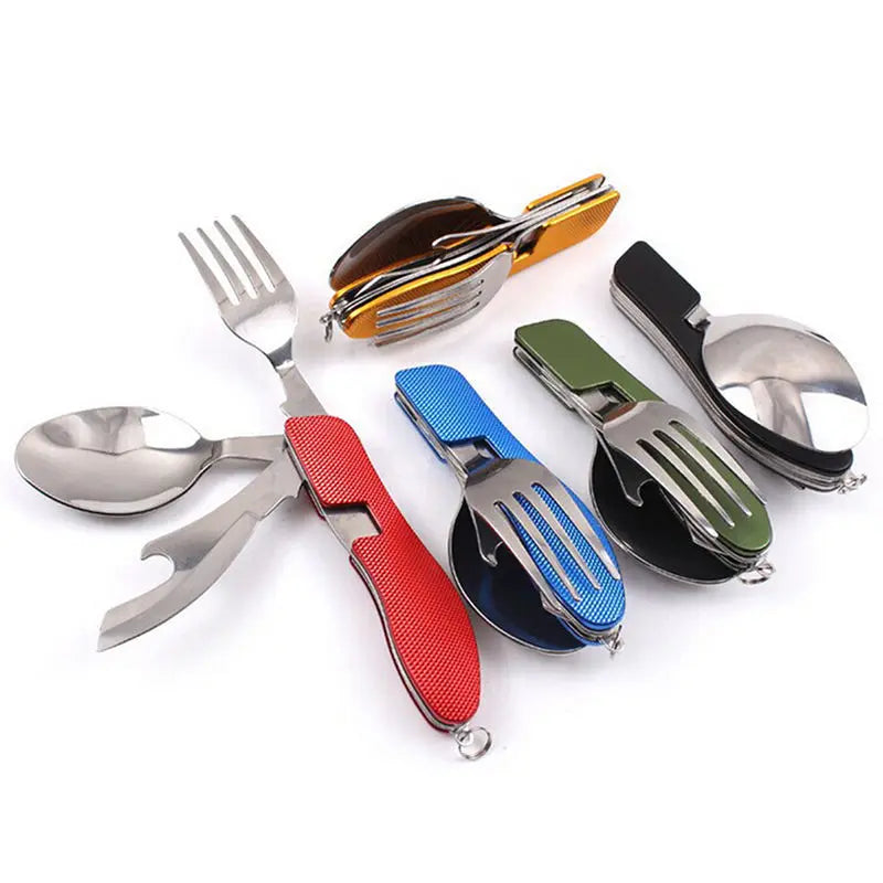 Portable Stainless Steel Camping Cutlery Set – Foldable Spoon, Fork, Knife & Bottle Opener Multitool