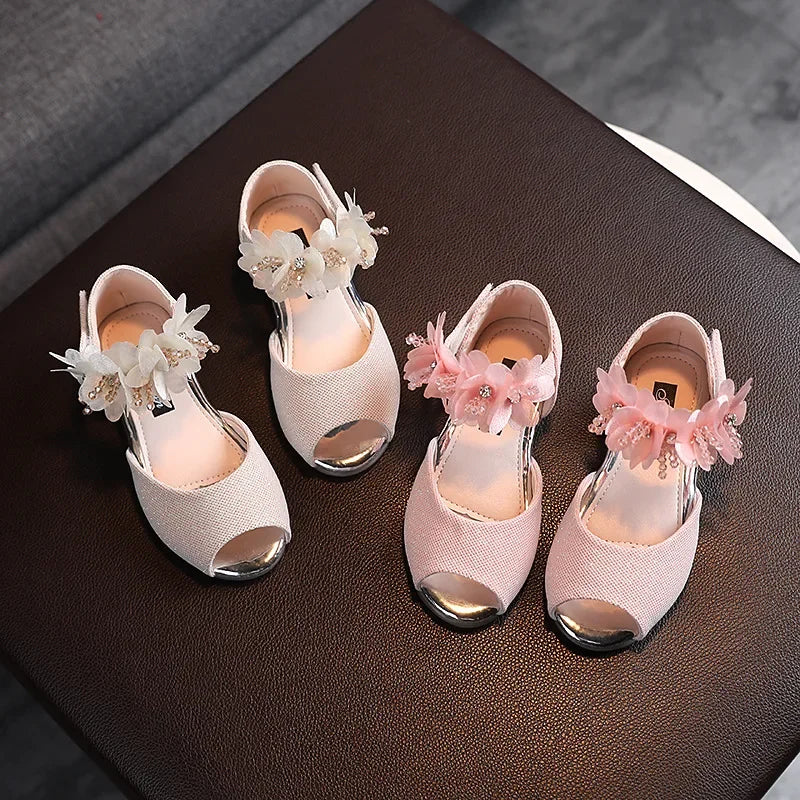 Girls Rhinestone Flower Pumps - Low Heel Princess Wedding & Party Dress Shoes for Kids