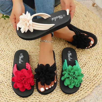 Women's Flower Flip Flops - Handmade Beach Vacation Flat Sandals