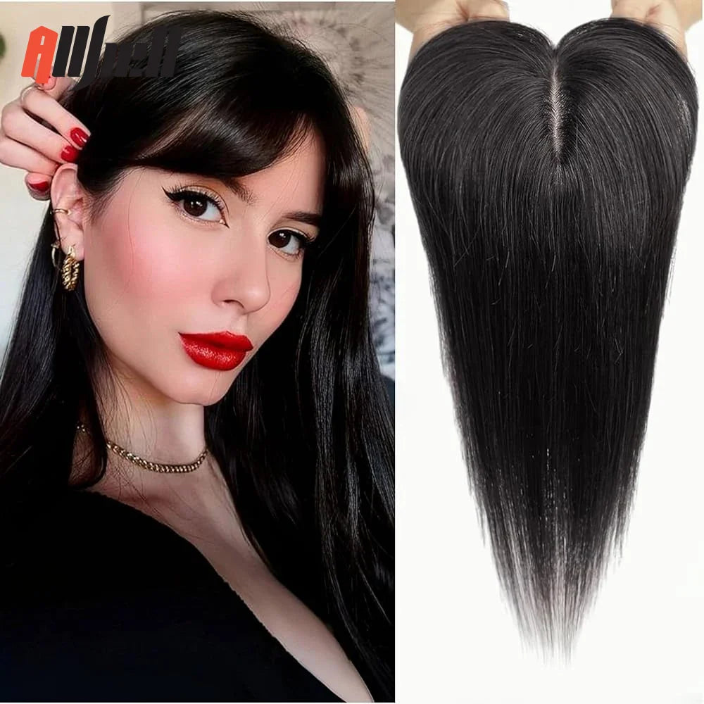 Brown Blonde Ombre Human Hair Toppers for Women – 10/12/14 Inches with Silk Base, Clips, and Bangs