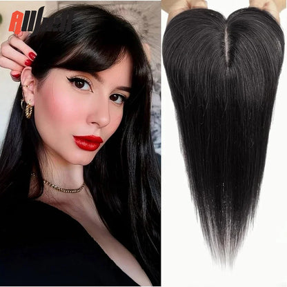 Brown Blonde Ombre Human Hair Toppers for Women – 10/12/14 Inches with Silk Base, Clips, and Bangs