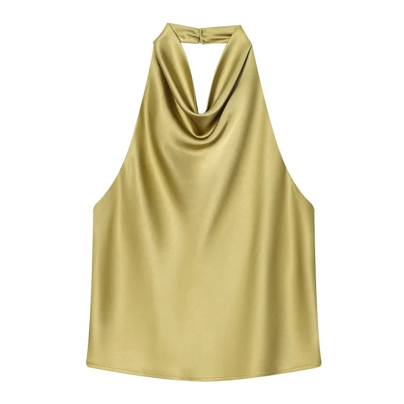 Women's Satin Halter Backless Camisole Top – Off Shoulder Summer Beach Tank Blouse